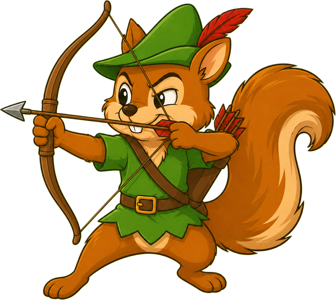 Peanut Hood squirrel aiming a bow and arrow