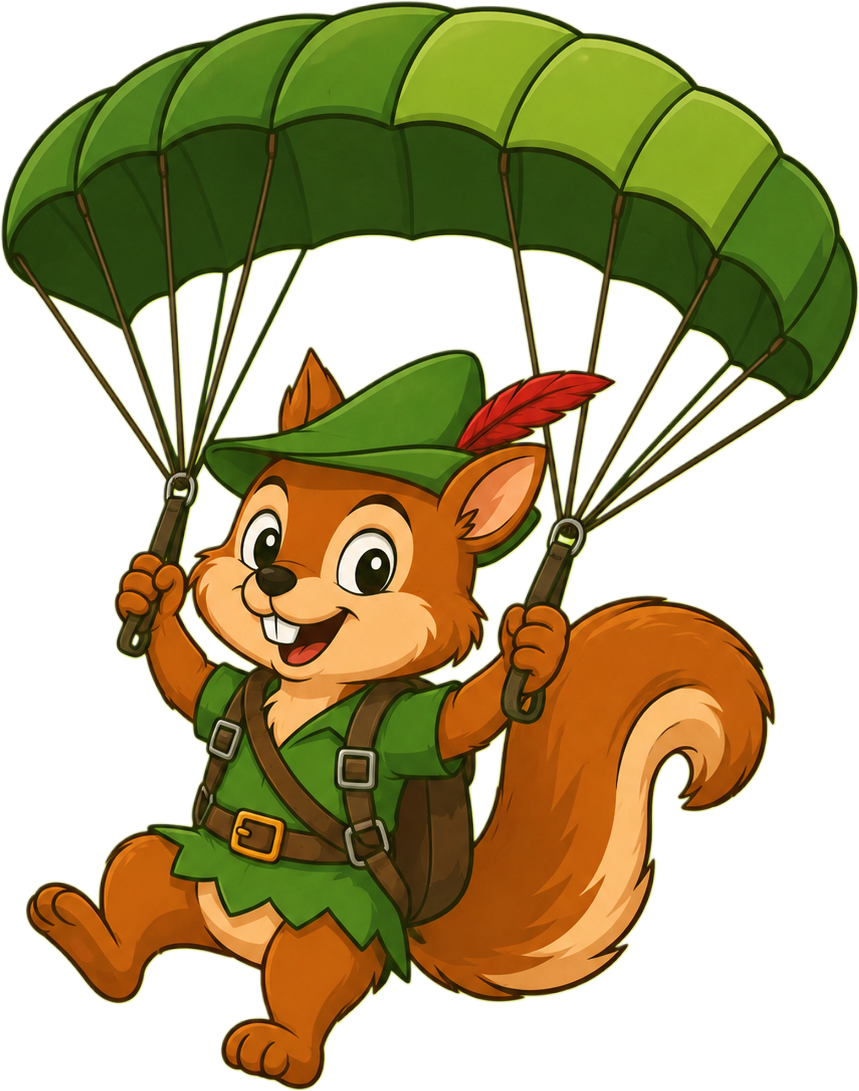 Peanut Hood squirrel descending with a green parachute for the airdrop